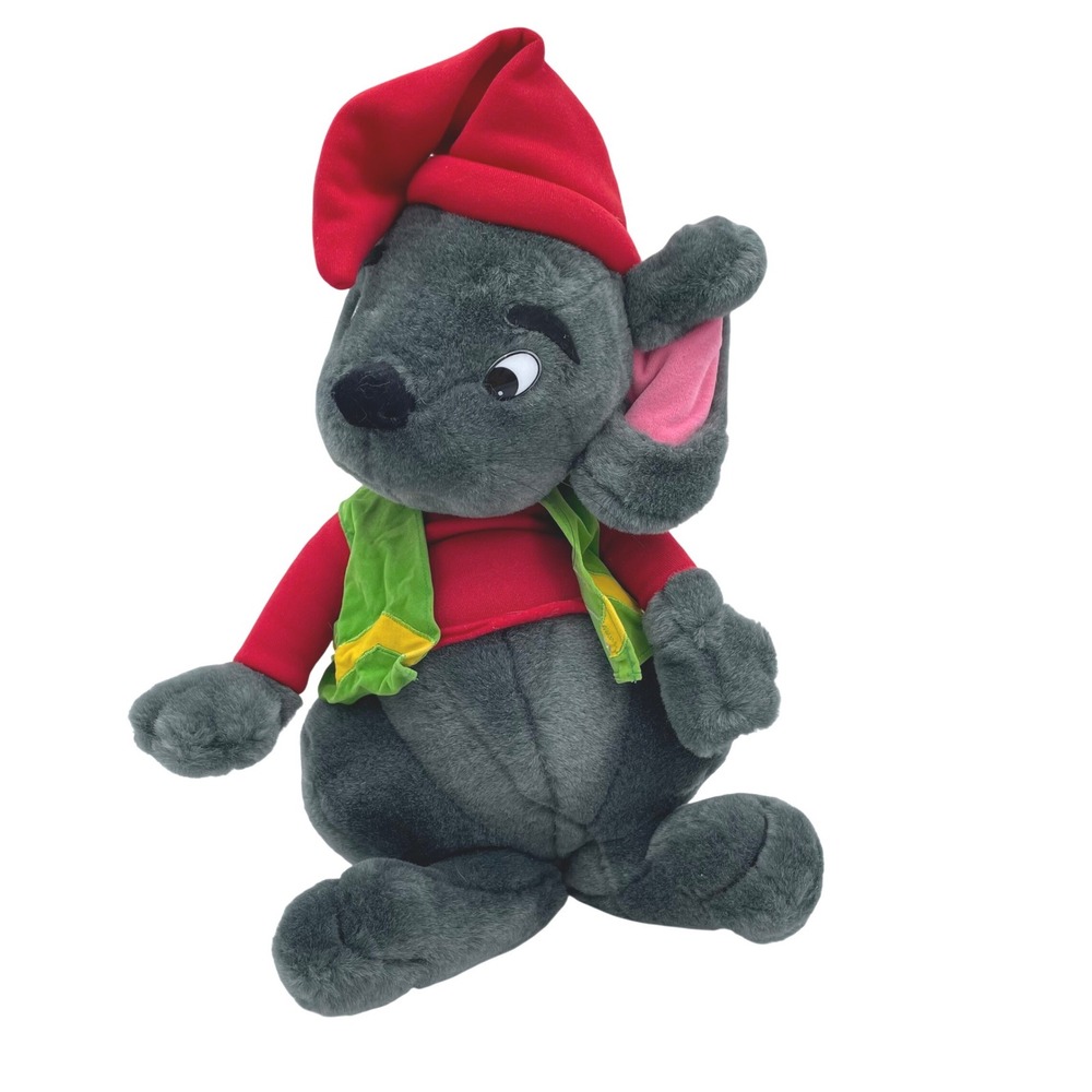 Cuddle Wit Gray Mouse Plush Stuffed Animal Holiday Red Hat Green Vest Vintage
